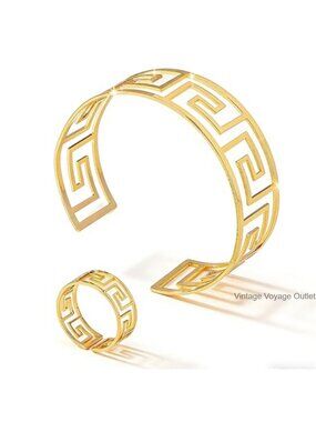 Hollow Out Cuff Bracelet & Ring Set for Women, Non Tarnish Polished Alloy Steel